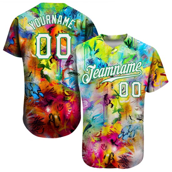 Benutzerdefiniertes Scratch Graffiti Muster Weiß-Kelly Grün 3D Authentic Baseball Jersey Benutzerdefiniertes Scratch Graffiti Muster Weiß-Kelly Grün 3D Authentic Baseball Jersey