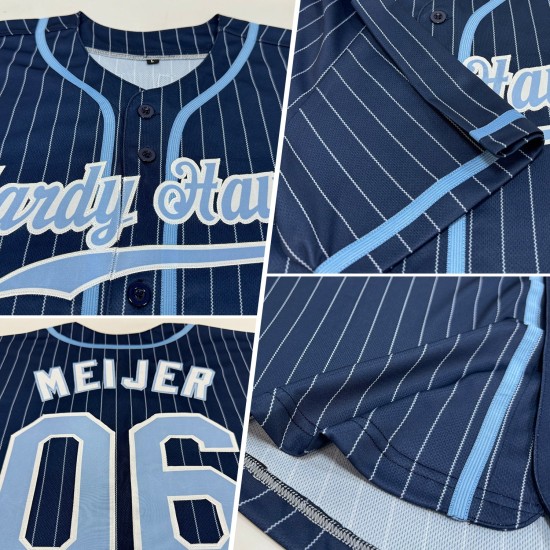 Benutzerdefiniertes authentisches Baseball-Trikot mit Nadelstreifen in Marineblau und Weiß, Hellblau-Weiß Benutzerdefiniertes authentisches Baseball-Trikot mit Nadelstreifen in Marineblau und Weiß, Hellblau-Weiß
