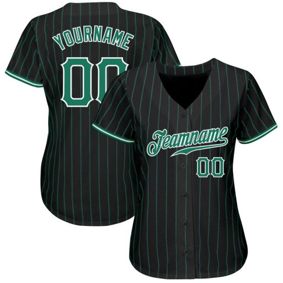 Benutzerdefiniertes schwarzes Kelly-Grün-Nadelstreifen-Baseballtrikot in Kelly-Grün-Weiß Benutzerdefiniertes schwarzes Kelly-Grün-Nadelstreifen-Baseballtrikot in Kelly-Grün-Weiß