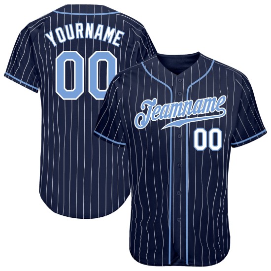 Benutzerdefiniertes authentisches Baseball-Trikot mit Nadelstreifen in Marineblau und Weiß, Hellblau-Weiß Benutzerdefiniertes authentisches Baseball-Trikot mit Nadelstreifen in Marineblau und Weiß, Hellblau-Weiß