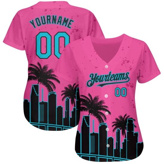 Benutzerdefinierte Pink Lakes Blau-Schwarz 3D Miami Palmen City Edition Authentic Baseball Jersey Benutzerdefinierte Pink Lakes Blau-Schwarz 3D Miami Palmen City Edition Authentic Baseball Jersey