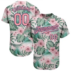 Benutzerdefiniertes weißes, mittelgroßes, rosa-marineblaues 3D-Musterdesign mit Hawaii-Palmblättern und Blumen, authentisches Baseball-Trikot