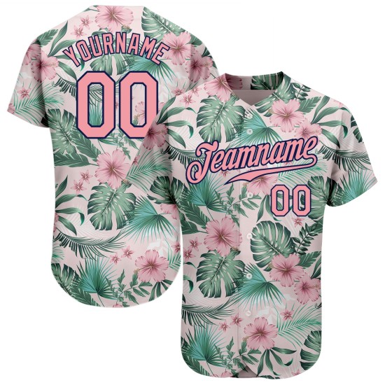 Benutzerdefiniertes weißes, mittelgroßes, rosa-marineblaues 3D-Musterdesign mit Hawaii-Palmblättern und Blumen, authentisches Baseball-Trikot Benutzerdefiniertes weißes, mittelgroßes, rosa-marineblaues 3D-Musterdesign mit Hawaii-Palmblättern und Blumen, authentisches Baseball-Trikot