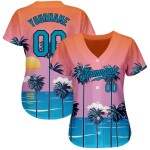 Benutzerdefinierte Orange Teal-Navy 3D Muster Design Sonne Strand Hawaii Palmen Authentische Baseball Jersey