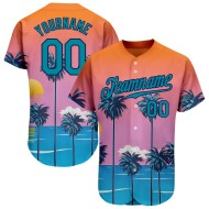 Benutzerdefinierte Orange Teal-Navy 3D Muster Design Sonne Strand Hawaii Palmen Authentische Baseball Jersey Benutzerdefinierte Orange Teal-Navy 3D Muster Design Sonne Strand Hawaii Palmen Authentische Baseball Jersey