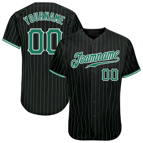 Benutzerdefiniertes schwarzes Kelly-Grün-Nadelstreifen-Baseballtrikot in Kelly-Grün-Weiß Benutzerdefiniertes schwarzes Kelly-Grün-Nadelstreifen-Baseballtrikot in Kelly-Grün-Weiß