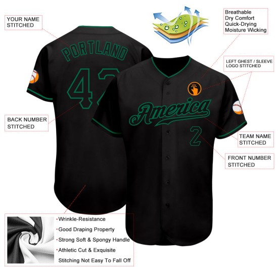 Benutzerdefiniertes authentisches Baseball-Trikot in Schwarz und Kelly Green Benutzerdefiniertes authentisches Baseball-Trikot in Schwarz und Kelly Green