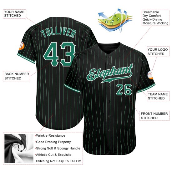 Benutzerdefiniertes schwarzes Kelly-Grün-Nadelstreifen-Baseballtrikot in Kelly-Grün-Weiß Benutzerdefiniertes schwarzes Kelly-Grün-Nadelstreifen-Baseballtrikot in Kelly-Grün-Weiß