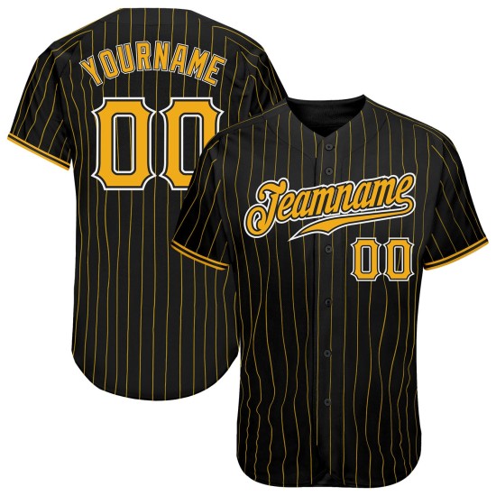 Benutzerdefiniertes authentisches Baseballtrikot mit schwarzen und goldenen Nadelstreifen in Gold-Weiß Benutzerdefiniertes authentisches Baseballtrikot mit schwarzen und goldenen Nadelstreifen in Gold-Weiß