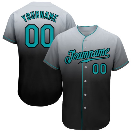 Benutzerdefiniertes grau-blaugrün-schwarzes authentisches Fade Fashion Baseball-Trikot Benutzerdefiniertes grau-blaugrün-schwarzes authentisches Fade Fashion Baseball-Trikot