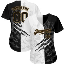 Benutzerdefiniertes Graffiti-Muster Schwarz-Altgold 3D Authentic Baseball Jersey Benutzerdefiniertes Graffiti-Muster Schwarz-Altgold 3D Authentic Baseball Jersey