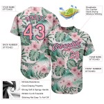 Benutzerdefiniertes weißes, mittelgroßes, rosa-marineblaues 3D-Musterdesign mit Hawaii-Palmblättern und Blumen, authentisches Baseball-Trikot Benutzerdefiniertes weißes, mittelgroßes, rosa-marineblaues 3D-Musterdesign mit Hawaii-Palmblättern und Blumen, authentisches Baseball-Trikot