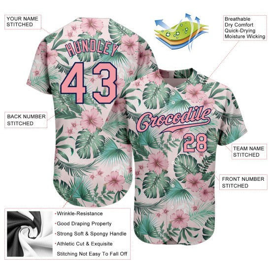 Benutzerdefiniertes weißes, mittelgroßes, rosa-marineblaues 3D-Musterdesign mit Hawaii-Palmblättern und Blumen, authentisches Baseball-Trikot Benutzerdefiniertes weißes, mittelgroßes, rosa-marineblaues 3D-Musterdesign mit Hawaii-Palmblättern und Blumen, authentisches Baseball-Trikot