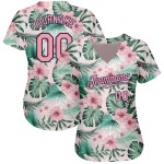 Benutzerdefiniertes weißes, mittelgroßes, rosa-marineblaues 3D-Musterdesign mit Hawaii-Palmblättern und Blumen, authentisches Baseball-Trikot Benutzerdefiniertes weißes, mittelgroßes, rosa-marineblaues 3D-Musterdesign mit Hawaii-Palmblättern und Blumen, authentisches Baseball-Trikot