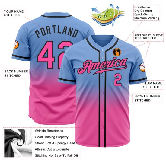 Benutzerdefinierte Hellblau Pink-Schwarz Authentic Fade Fashion Baseball Jersey Benutzerdefinierte Hellblau Pink-Schwarz Authentic Fade Fashion Baseball Jersey