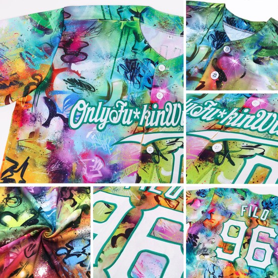 Benutzerdefiniertes Scratch Graffiti Muster Weiß-Kelly Grün 3D Authentic Baseball Jersey Benutzerdefiniertes Scratch Graffiti Muster Weiß-Kelly Grün 3D Authentic Baseball Jersey