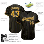 Benutzerdefiniertes authentisches Baseballtrikot mit schwarzen und goldenen Nadelstreifen in Gold-Weiß Benutzerdefiniertes authentisches Baseballtrikot mit schwarzen und goldenen Nadelstreifen in Gold-Weiß