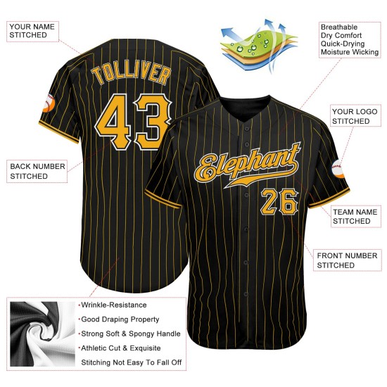 Benutzerdefiniertes authentisches Baseballtrikot mit schwarzen und goldenen Nadelstreifen in Gold-Weiß Benutzerdefiniertes authentisches Baseballtrikot mit schwarzen und goldenen Nadelstreifen in Gold-Weiß
