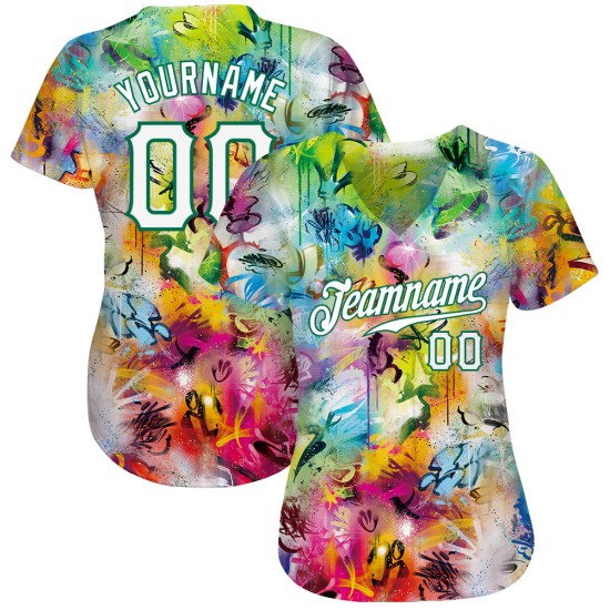 Benutzerdefiniertes Scratch Graffiti Muster Weiß-Kelly Grün 3D Authentic Baseball Jersey Benutzerdefiniertes Scratch Graffiti Muster Weiß-Kelly Grün 3D Authentic Baseball Jersey