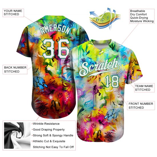 Benutzerdefiniertes Scratch Graffiti Muster Weiß-Kelly Grün 3D Authentic Baseball Jersey Benutzerdefiniertes Scratch Graffiti Muster Weiß-Kelly Grün 3D Authentic Baseball Jersey