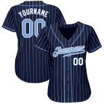 Benutzerdefiniertes authentisches Baseball-Trikot mit Nadelstreifen in Marineblau und Weiß, Hellblau-Weiß Benutzerdefiniertes authentisches Baseball-Trikot mit Nadelstreifen in Marineblau und Weiß, Hellblau-Weiß