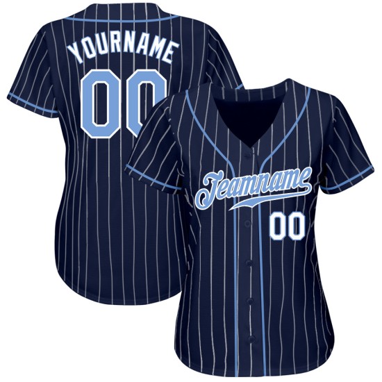 Benutzerdefiniertes authentisches Baseball-Trikot mit Nadelstreifen in Marineblau und Weiß, Hellblau-Weiß Benutzerdefiniertes authentisches Baseball-Trikot mit Nadelstreifen in Marineblau und Weiß, Hellblau-Weiß