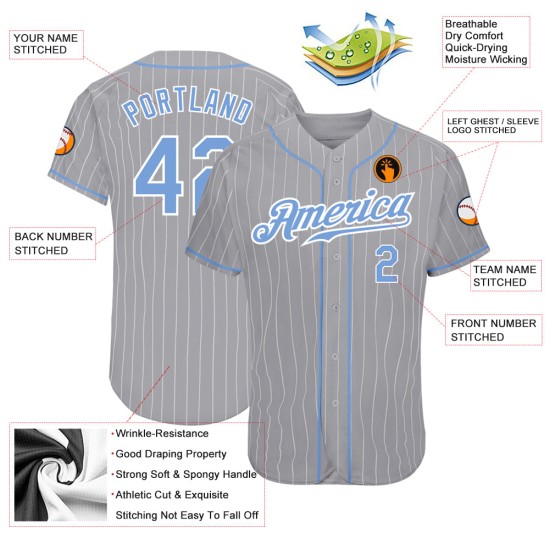Benutzerdefinierte grau weiß Nadelstreifen hellblau-weiß authentische Baseball Jersey Benutzerdefinierte grau weiß Nadelstreifen hellblau-weiß authentische Baseball Jersey