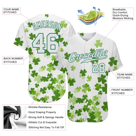 Benutzerdefiniertes weißes, weiß-kellygrünes 3D-Musterdesign, authentisches St. Patrick's Day Baseball-Trikot Benutzerdefiniertes weißes, weiß-kellygrünes 3D-Musterdesign, authentisches St. Patrick's Day Baseball-Trikot