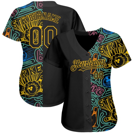 Benutzerdefinierte Schwarz Gold 3D Muster Design Bowling Authentic Baseball Jersey